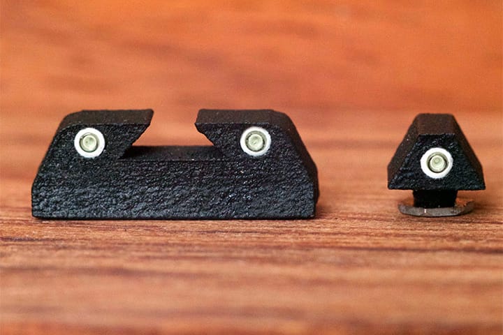 Our revolutionary patented Blackbird Sight for Glock with a narrow triangular rear sight aperture.